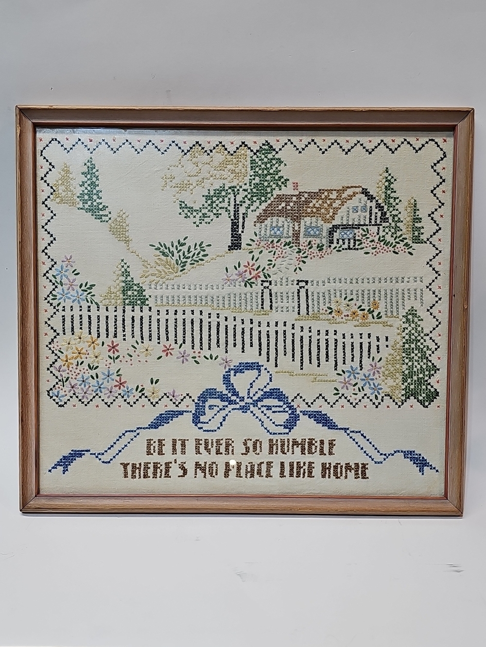 Vintage Framed Cross Stitch Sampler with Cottage Scene and Quote